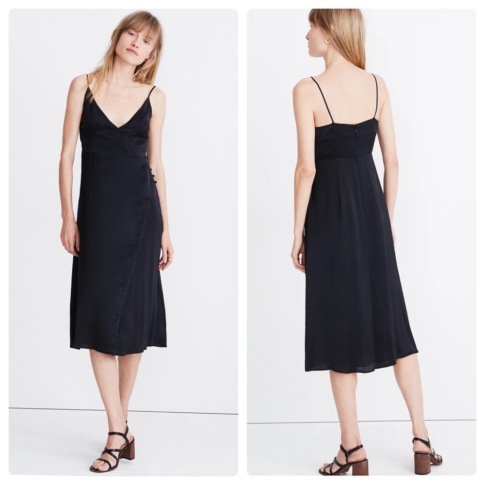 Madewell Satin Cami Side-Button Wrap Midi Dress Black Size 8 NWT